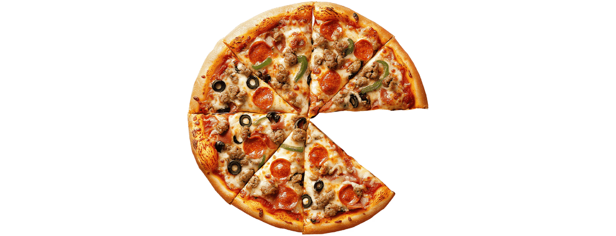 Freshly baked pizza with a single slice separated